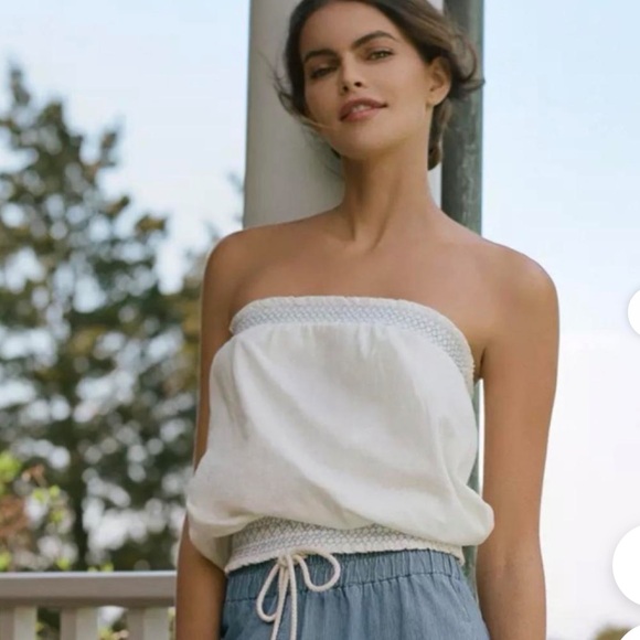 Anthropologie Tops - Anthropologie White Smocked Tube Top with Blue Embroidery